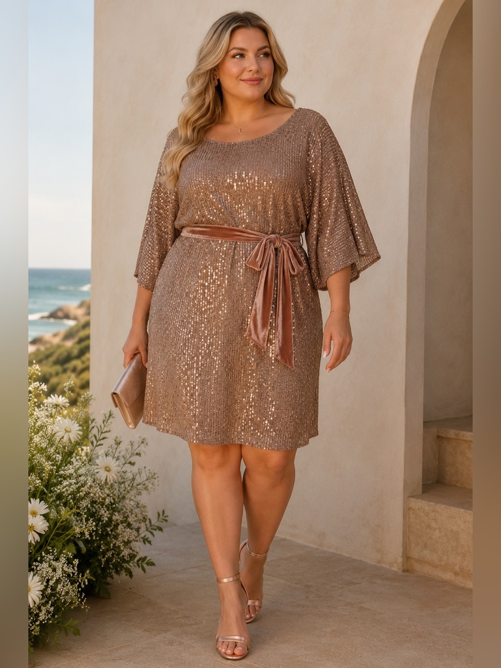 Anthropologie Rose Gold Sequin Dress with Velvet Belt 2X Wedding‎ Party $248